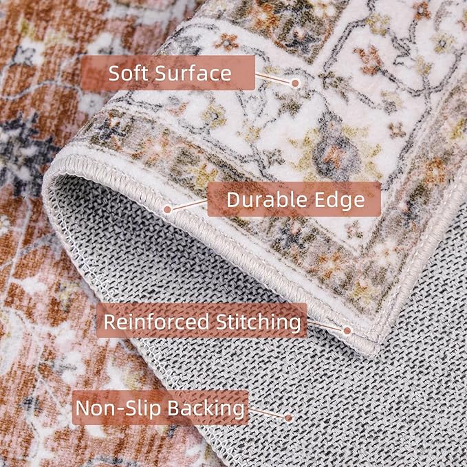 Deerly Boho Rug Runner - 2x7 Washable Kitchen Rugs with Non Slip Backing, Non-Shedding Floral Soft Rug Runners for Hallways Vintage Long Rug for Bathroom(Border Brick Red 2x7ft)