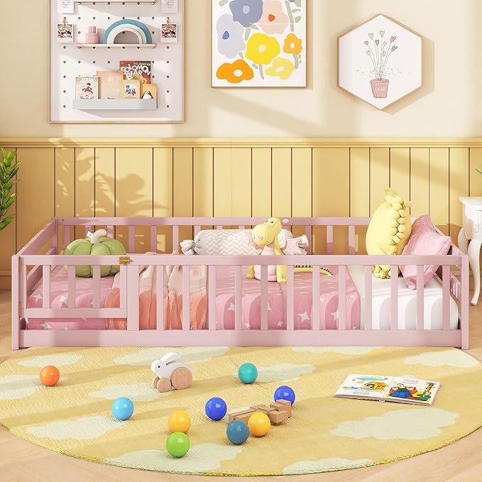Giantex Twin Floor Bed with Door & Fence, Kids Wood Montessori Beds with Safety Guardrails, Floor Bed Twin for Kids, Boys, Girls, No Box Spring Needed, Pink