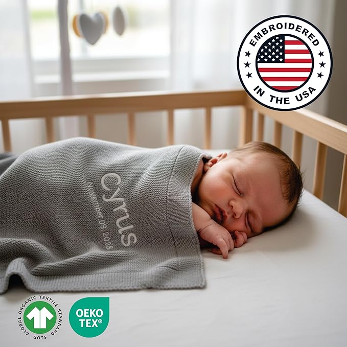 Personalized Baby Blanket - 100% GOTS Certified Organic Cotton - Custom Baby Blanket for Boys and Girls - Embroidered Swaddle, 40x30, Baby Name Blankets (Harbor Mist)