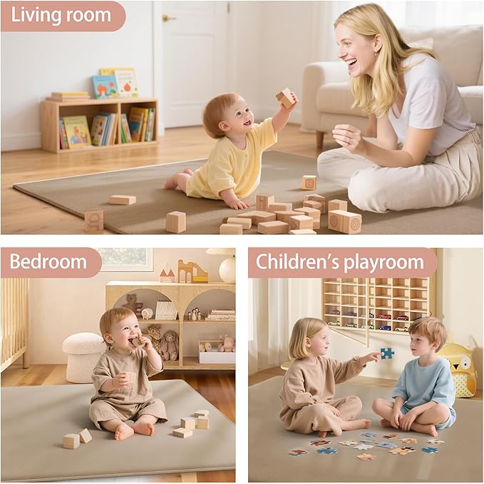 PapaMama Ultra Soft Baby Play Mat for Floor, 1.3" Thick Memory Foam 50x50 Playpen Mat with Non-Slip Backing, Coral Velvet Child Nursery Rug, Tummy Time & Crawling & Yoga Mat for Infant, Toddlers, Kids