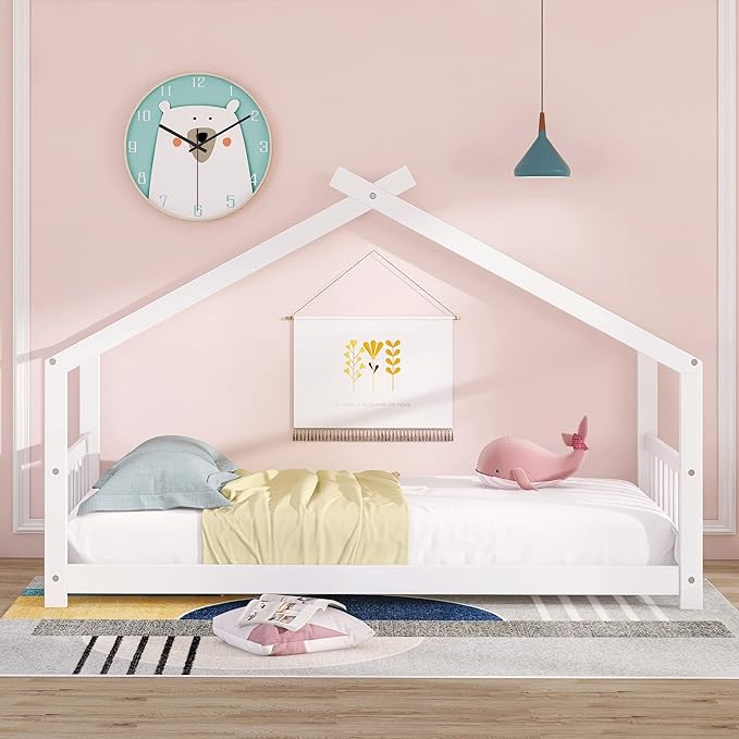 Ball & Cast Twin Size Floor Bed,Low to Ground Design Montessori Bed with Roof,Toddler House Bed Frame W/Slats,No Box Spring Needed,for Girls Boys,White