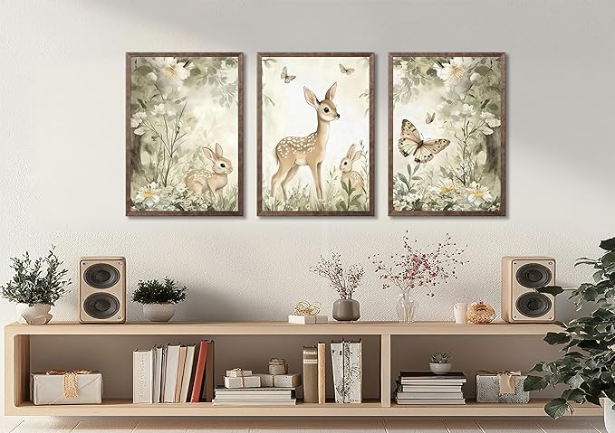 3Pcs Woodland Animal Nursery Canvas Wall Art Cute Forest Animal Wall Decor Pictures Deer and Butterfly Wildflowers Posters Prints for Nursery Bedroom Kids Room Home Decoration Unframed Posters 16x24in