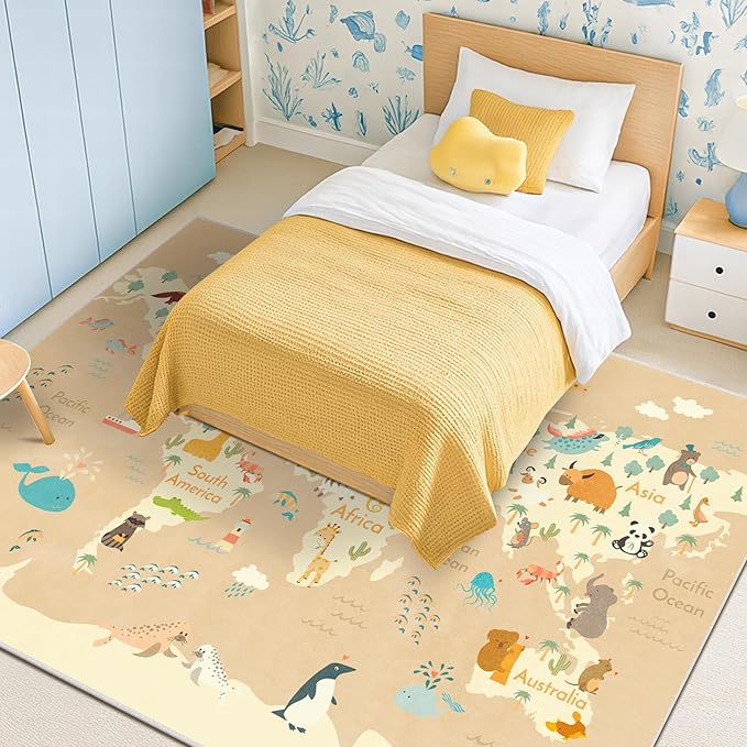 Large Kids Rugs for Classroom - 6x9 Kids Room Rug with Animal & Educational World Map Play Mat - Washable, Non-Slip, Stain Resistant, Soft & Safe for Child, Playroom Essentials - Soft Beige