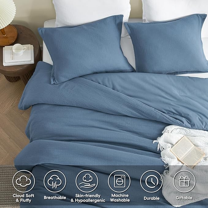 PHF Cotton Muslin Comforter Set Queen Size, Ultra Soft, Breathable & Lightweight All-Season, Filling: 100% Polyester, 3 Pieces with 1 Comforter 90"x90" and 2 Pillow Shams 20"x26", Captain's Blue
