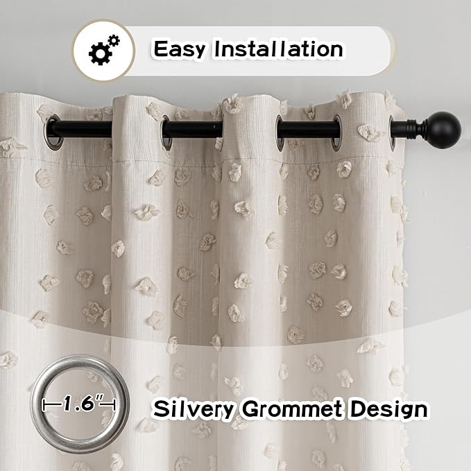 MYSKY HOME 100% Blackout Curtains for Nursery Thermal Insulated Beige Pom Pom Curtain 72 Inch Length for Girls Bedroom 2 Panels Grommet White Sheer Drapes for Kitchen Dining Room Door, 52W x 72L