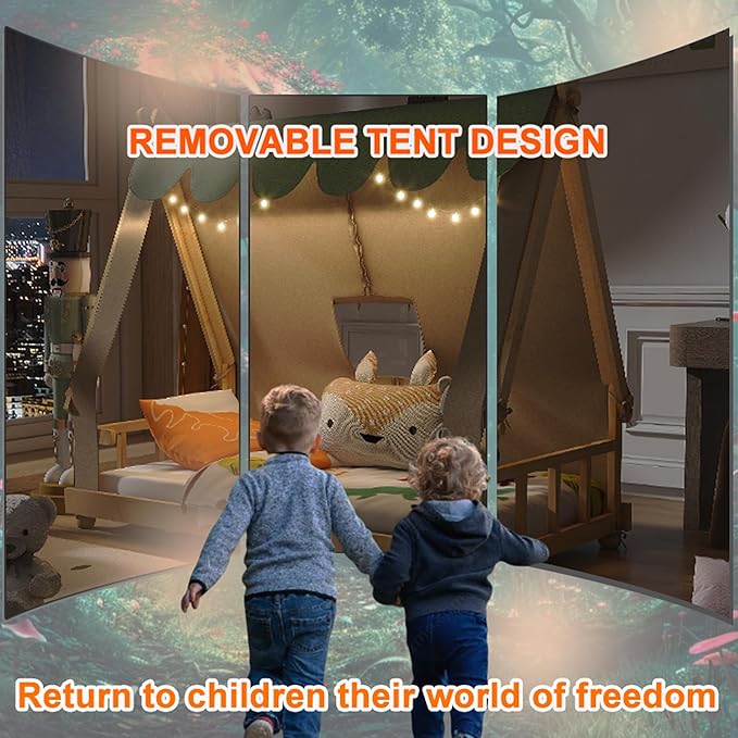 Twin House Bed for Kids with Light and Tent, Montessori Floor Bed Twin for Kids Girls Boys Teens Bedroom, White