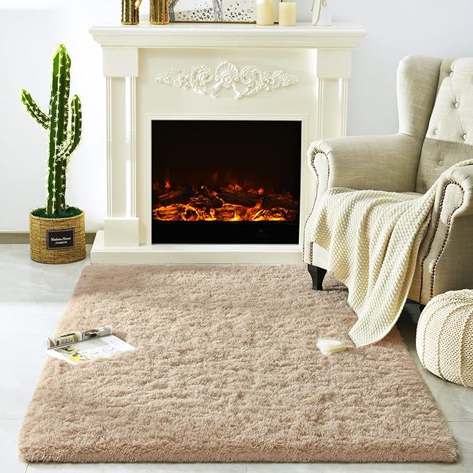 Merelax Modern Soft Fluffy Large Shaggy Rug for Bedroom Livingroom Dorm Kids Room Indoor Home Decorative, Non-Slip Plush Furry Fur Area Rugs Comfy Nursery Accent Floor Carpet 4'x6' Light Tan