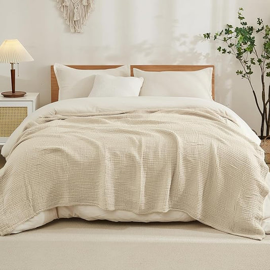 EMME Cotton Muslin King Blanket Big Oversized Bed Layering Bedspread Coverlet Light Tan Breathable Gauze Soft Lightweight Blankets (120"x94")