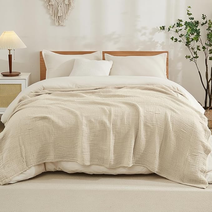 EMME Cotton Blanket King Size for Bed Soft Muslin Blankets 108"x90" Light Tan Lightweight Breathable Layering Bedspread Coverlet All Season Gauze