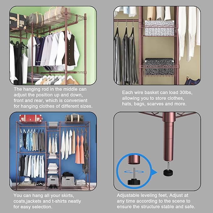 Xiofio 6 Tiers Heavy Duty Clothes Rack, Metal Clothing Rack,Clothing Storage Organizer,Garment Rack with Basket,Hanging Adjustable Garment Rack,65.0" L x 15.7" W x 76.0" H,Max Load 800LBS,Bronze