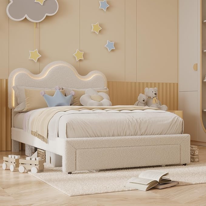 FULL Upholstered LED Bed Frame with Storage Drawers Girls Bed with flower Headboard Lamb Velvet Princess Platform Bed Frame for Kids/Girls Strong Wood Slat Support,No Box Spring Needed,Easy Assembly