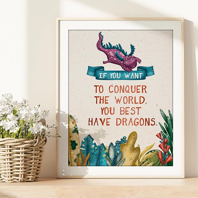DREAM BIG PRINTABLES Dragon Art Prints (Set of 4) - Unframed - 11x14 | Wall Art for Home, Office, Kids Room, Bedroom, Classroom Decor