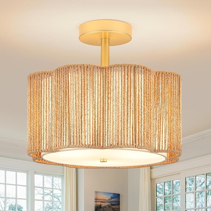 Rattan Semi Flush Mount Ceiling Light, 3-Light Boho Ceiling Lights, Modern Hand-Woven Rattan Boho Light Fixture for Bedroom Living Room Kitchen Hallway and Entryway (Yellow)