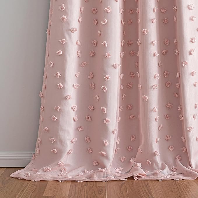 MYSKY HOME 100% Blackout Curtains for Nursery Thermal Insulated Blush Pink Pom Pom Curtain 72 Inch Length for Girls Bedroom 2 Panels Grommet White Sheer Drapes for Kitchen Dining Room Door, 52W x 72L