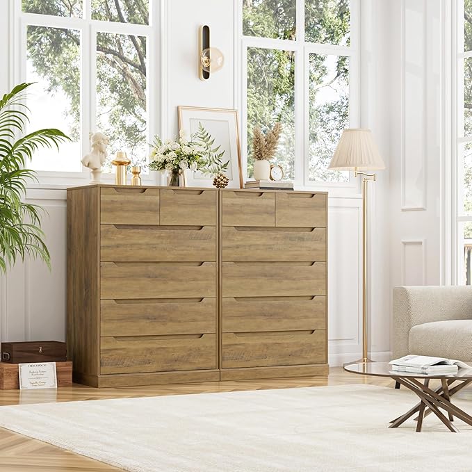 HOSTACK Modern 6 Drawer Dresser for Bedroom, Tall Chest of Drawers with Storage, Large Wood Storage Chest Organizers with Cut-Out Handles, Accent Storage Cabinet for Living Room, Hallway, Rustic Brown