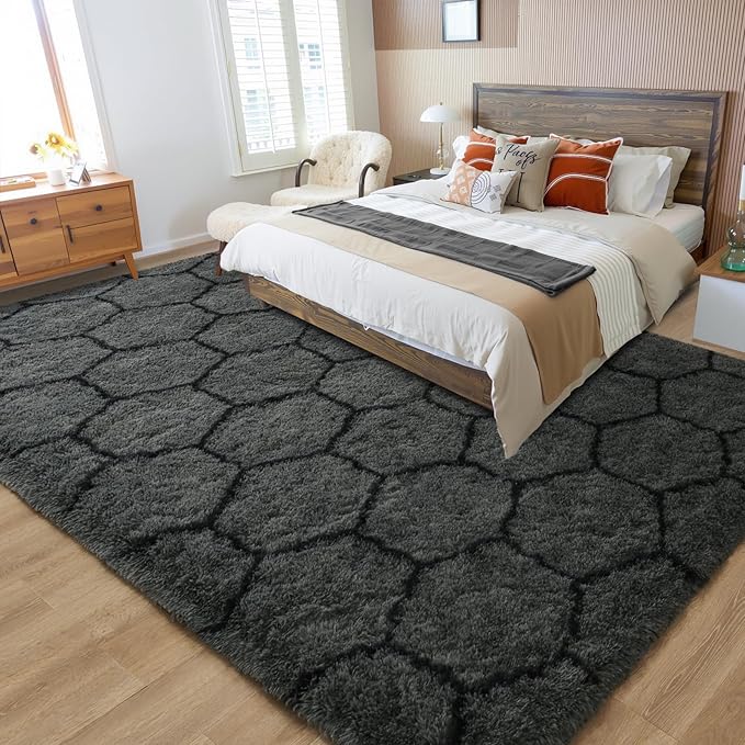 Meralax Hexagon Grey Rugs for Living Room Bedroom, 5x8 Soft Area Rug Fluffy Shaggy Bedside Rug, Machine Washable Indoor Gray Floor Carpet for Kids, Dorms, Nursery Rooms, Home Decor Aesthetic
