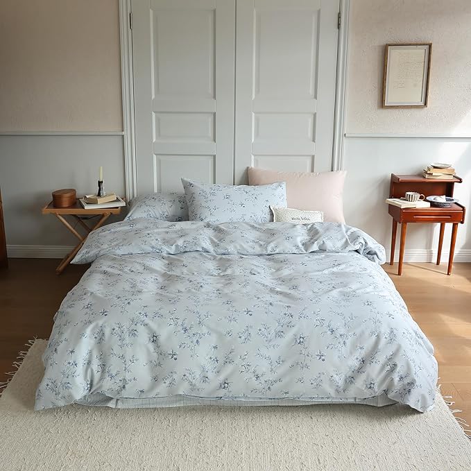 Vintage Style Garden Floral Duvet Cover Full 3 Pieces Cotton Flower Duvet Cover Blue Floral Bedding Cover with 2 Pillowcases Reversible Floral Botanical Comforter Cover Cottagecore Bedding Set Full