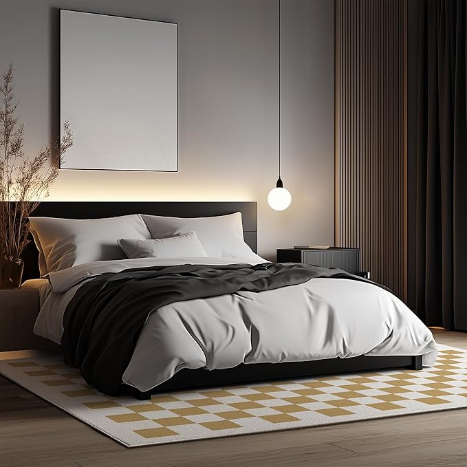 Washable Checkered Rug, 8x10 Tan Brown Checkerboard Modern Boho Foldable Large Area Rugs for Living Room, Low Pile Ultra-Thin Non-Slip Indoor Carpet for Office Bedroom Diningroom Classroom