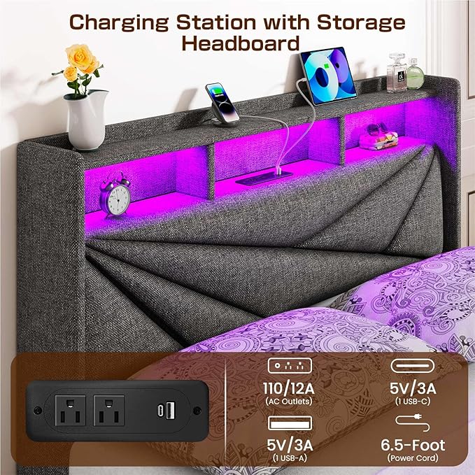 LED Full Size Bed Frame with 4 Storage Drawers, Upholstered Full Bed Frame with 2-Tier Headboard and Charging Station, No Box Spring Needed, Easy to Assembly - Dark Grey