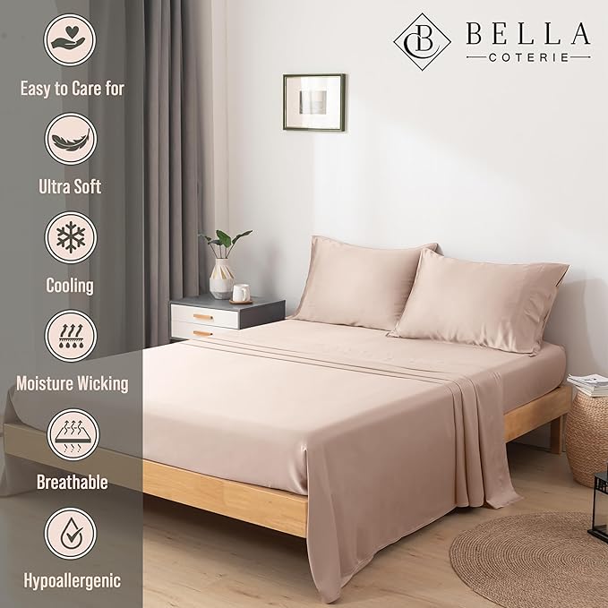 Bella Coterie Luxury Bamboo Viscose Twin Size Sheet Set | 100% Organically Grown | Ultra Soft | Cooling for Hot Sleepers | 18" Deep Pocket [Dusty Rose]