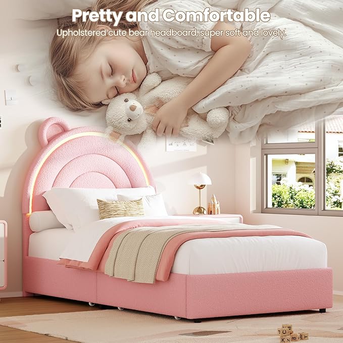 Garvee Princess Twin Size Bed Frame with 2 Storage Drawers & LED Lights, Velvet Upholstered Platform Bed with Rainbow Headboard for Kids/Girls, Solid Wood Slats Support, No Box Spring Needed, Pink
