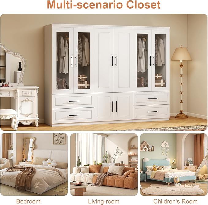 White Armoire Wardrobe Closet with 6 Door: Combination Wood Wardrobe Closet with Glass Door Wooden Bedroom Armoire 4 Drawer with Hanging Rods for Home/Bedroom/Living Room