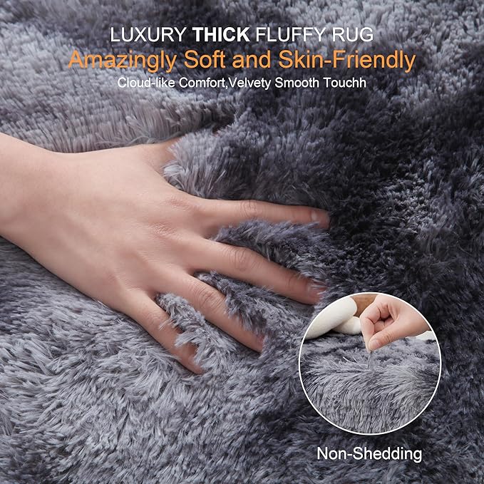 Thick Area Rug Dark Grey Fluffy 4x6 for Bedroom Living Room Washable Plush Rug for Kids Baby Nursery Soft Shag Non Slip Comfy Shaggy Rugs for Dorm Fuzzy Floor Carpet, Tie-Dye Gray