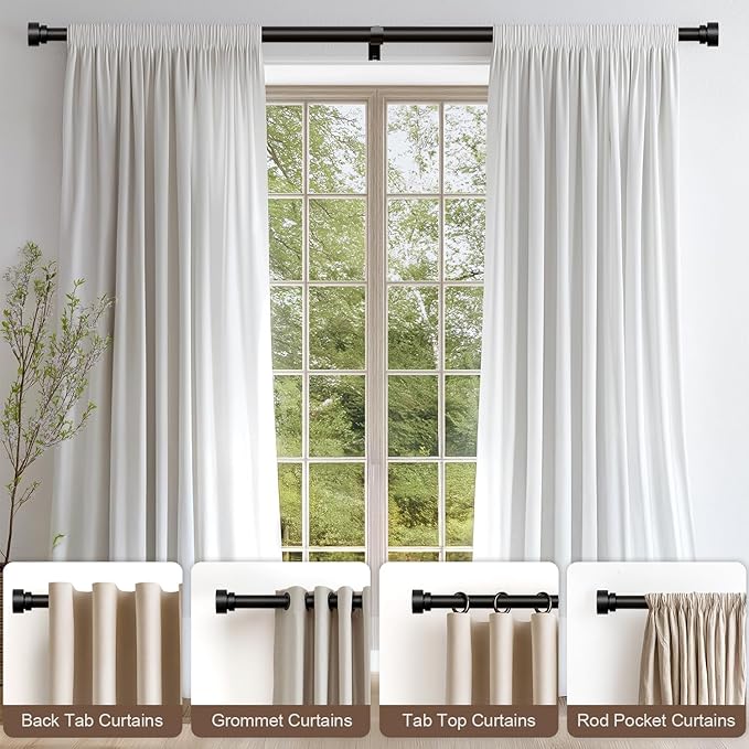 Black Curtain Rods for Windows 48 to 84 Inches Adjustable Heavy Duty 1" Diameter Window Curtain Rod with Decorative Finials for Outdoor Farmhouse Bedroom Kitchen Living Room
