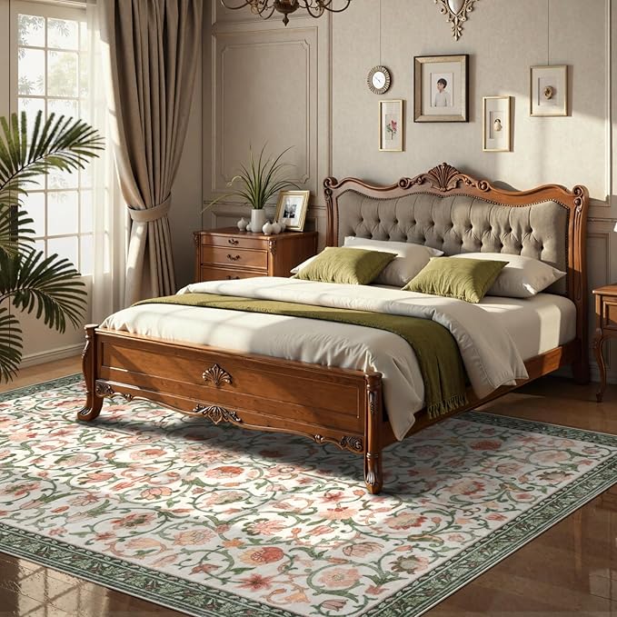 Anidaroel Floral Area Rug 8x10, Washable Large Living Room Rugs, Non Slip Soft Boho Bedroom Rug Under Bed, Vintage Dining Room Rugs Under Table for Nursery Farmhouse, Beige