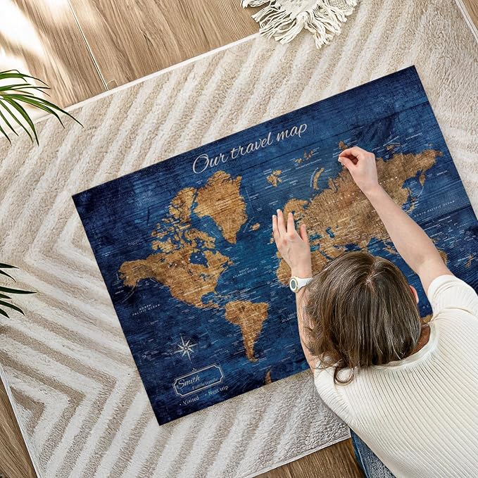 ElephantStock - Personalized Our Travel I Push Pin World Map Wall Art - Horizontal Canvas Wall Art - Living Room Wall Decor - Digital Art Map Canvas Art - Brown And Blue Decor - 39" x 26"