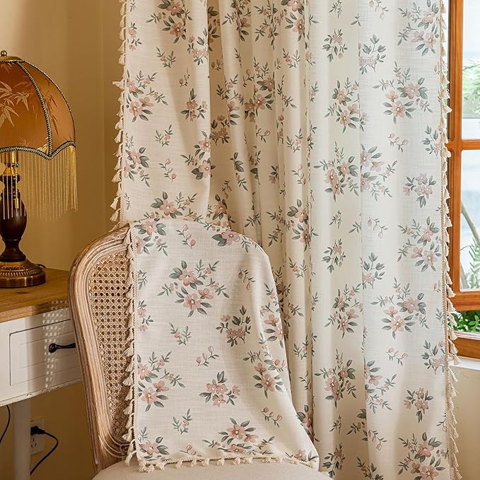 OYX Pink Boho Floral Window Curtains 84 Inch Long 2 Panels, French Vintage Farmhouse Vintage Country Rustic Tassels Printed Drapes for Living Room Bedroom, Rod Pocket Light Filtering Decor Aesthetic
