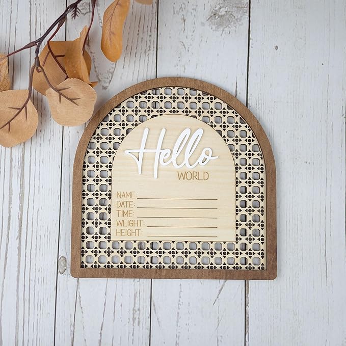 Baby Announcement Sign 6.5 Inch Wooden Hello World Newborn Welcome Sign Birth Name Plaques for Photo Props Shower Hospital Nursery (Rattan)