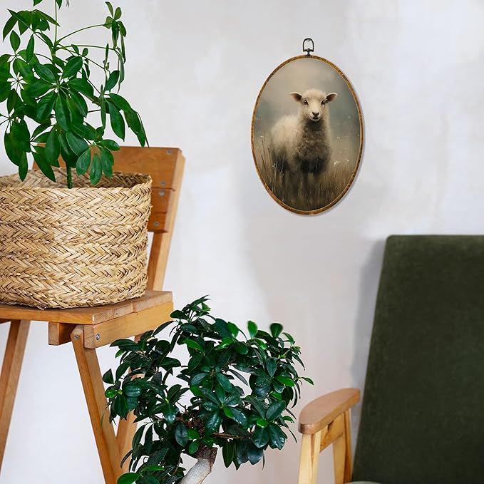 Hiuwevt Vintage Sheep Oval Wall Art Decor, Neutral Cottagecore Lamb Framed Canvas Prints, Rustic Farmhouse Animal Oval Wall Hanging Decor for Farm Home Bedroom Decorations, 8.6x11.4 Inches