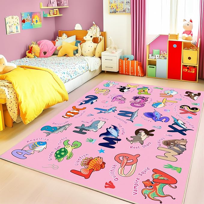 Kids Rug for Playroom, 8x10 Ft Educational Rug for Learn The ABC Alphabet, Soft Machine Washable Non-Slip Cute Marine Organisms Carpet for Classroom Toddler Nursery Kids Room Decor Mat, Pink