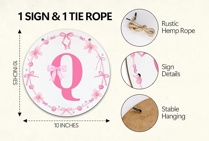 Monogram Round Sign For Front Door, Cherry Bow Theme Sign For Porch Art Wall Door, Initial Signs Hanging Ornament For Indoor Outdoor, Decorations Gifts For Four Seasons Rustic Home Kitchen, Q, A17