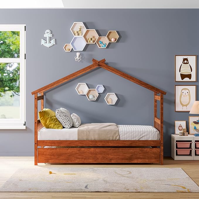 Merax Twin Size Wooden House Bed with Trundle, Wood Bed Frame with Roof for Kids, Teens, Boys or Girls, Walnut