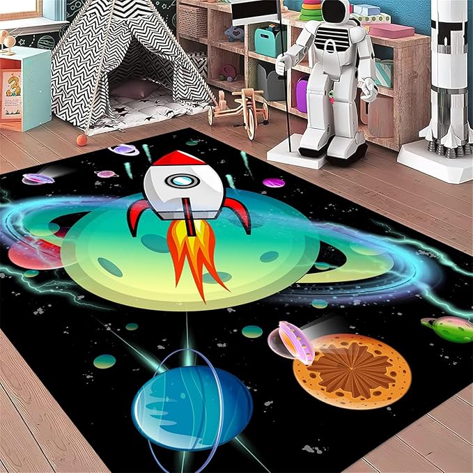 Outer Space Kids Area Rug,3x5ft,Kids Playroom Crawling Mat, Machine Washable, Non-Slip Carpet with Cartoon Planets and Rocket Design, Suitable for Boys' Bedroom, Class, Nursery Decorative Rug