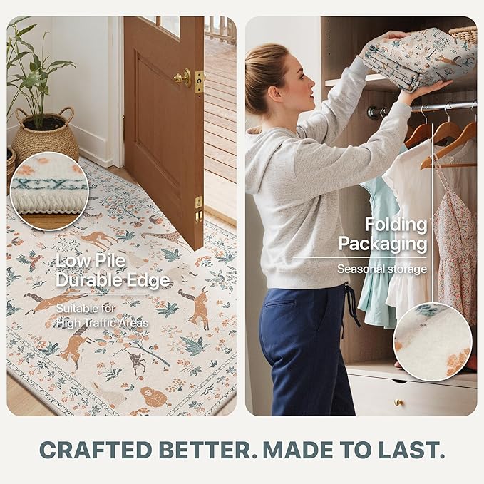 Runner Rug Non Slip 2'6''x 8', Floral Animal Print Rug Machine Washable Rug, Non Slip Low Pile Hallway Runner Carpet for Kitchen, Laundry, Bedroom, Bathroom, Beige