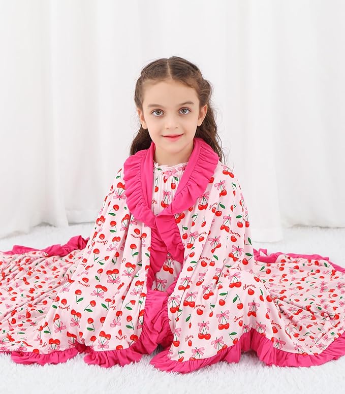 Premium Baby Blankets, Soft Viscose from Bamboo Blanket for Girls, Nursery Crib Bedding Quilt for Newborn and Toddler, Ruffle Blanket Cooling for Hot Sleepers, 50''x50'' Sweet Cherries