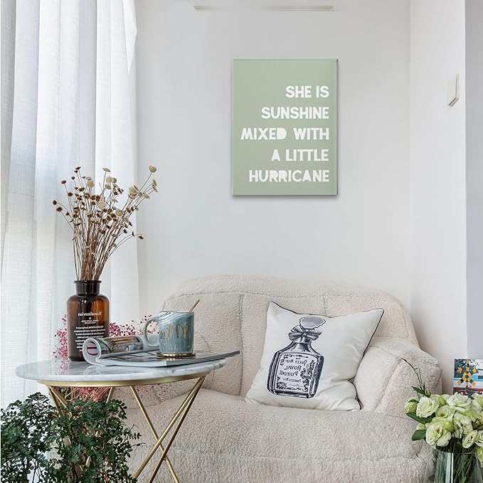 PHAMTE Girls Bedroom Wall Decor,She is Sunshine Mixed with a Little Hurricane Girls Room Wall Art,Sunshine Print Framed Canvas Painting Artwork for Room Bedroom Home Nursery Playroom（11x14 Inch）（pale green）
