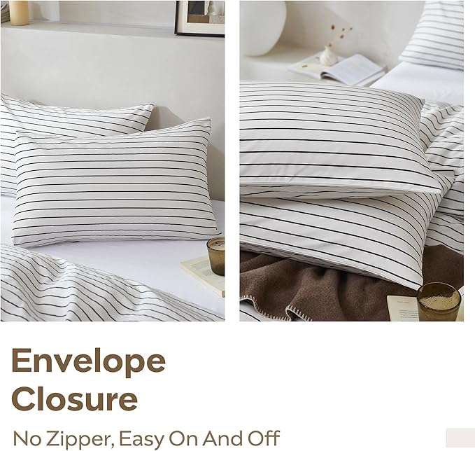 JELLYMONI 100% Natural Cotton 2pcs Striped Duvet Cover Sets, White Duvet Cover with Thin Black Stripes Pattern Printed Comforter Cover, with Zipper Closure & Corner Ties(Twin Size)