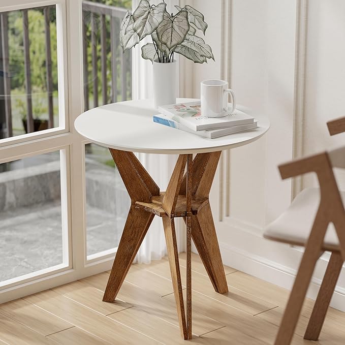 COZAYH Farmhouse End Table Distressed Wood Side Table with Crisscross Legs and X Legs, Accent Table with White Top and Tripod Base for Living Room, Office, Boho Decor, Modern Rustic, Nature, Round