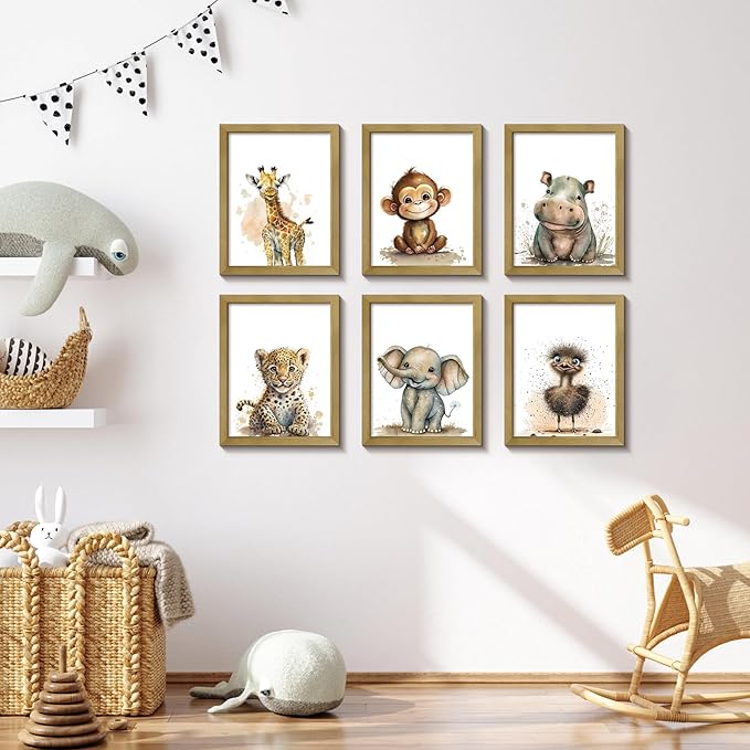 calmart Safari Animals Wall Art - Set of 6 Unframed Wall Prints - Baby Nursery Decor for Boys Girls