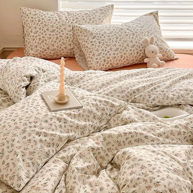 HighBuy Boho Cotton Floral Duvet Cover King White Coquette Comforter Quilt Duvet Covers with Pink Floral,Garden Floral Bedding Set Twin Lightweight Soft Cottagecore Duvet Cover Sets Cute,King
