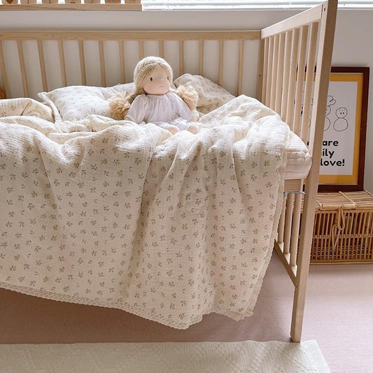 BuLuTu Toddler Bed Quilt with Floral Print Double Layer Muslin Blankets for Children, Ultra Soft Reversible Toddler Kids Quilt Summer Comforter, Sprout Pattern, 60x78 Inches
