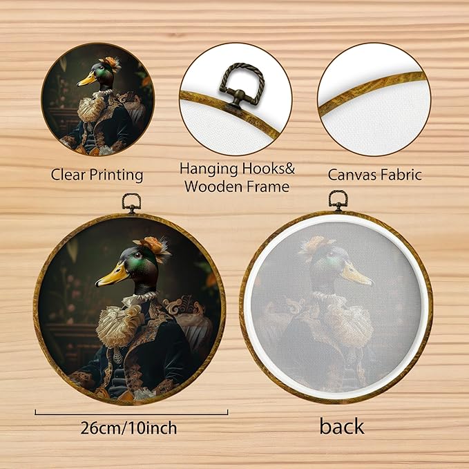 Hiuwevt Vintage Duck Round Wall Art Decor, Vintage Green Head Duck Framed Canvas Prints, Retro Renaissance Farm Animal Round Wall Hanging Decor for Home Office Decorations, 10x10 Inches