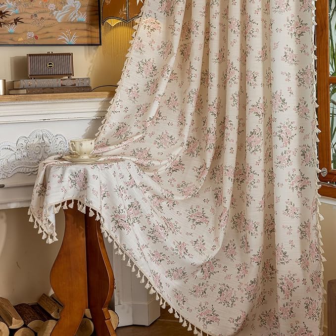 OYX Pink Boho Floral Curtains 84 Inch Long 2panels, French Vintage Farmhouse Patterned Decor Window Drapes with Tassels, Girls Semi-Sheer Light Filtering for Bedroom Living Room (Rod Pocket, 52wx84l)