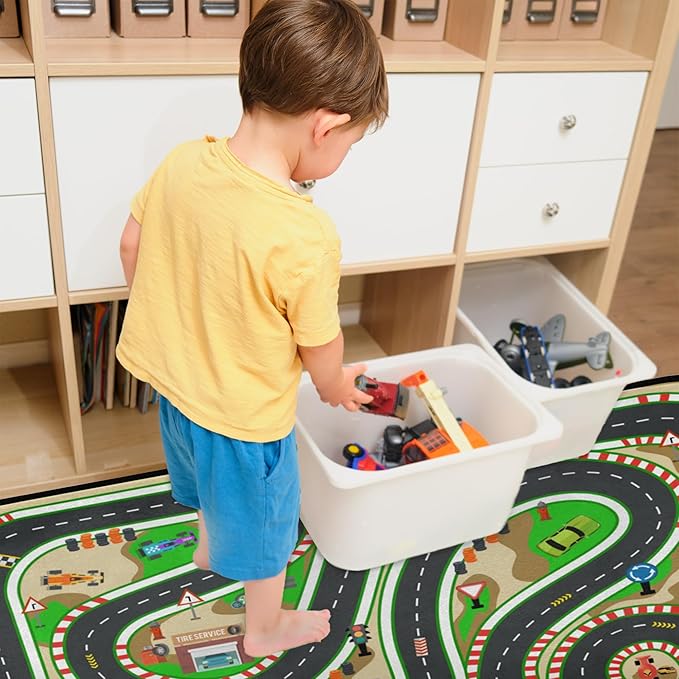 Kids Race Track Play Rug - Car Road Map Realistic 3D Cascading Soft Non-Slip 2x3 Ft Carpet Toys Mat Washable Playroom Bedroom Boys Nursery Educational Area Rug Entrance Mats Classroom Decor