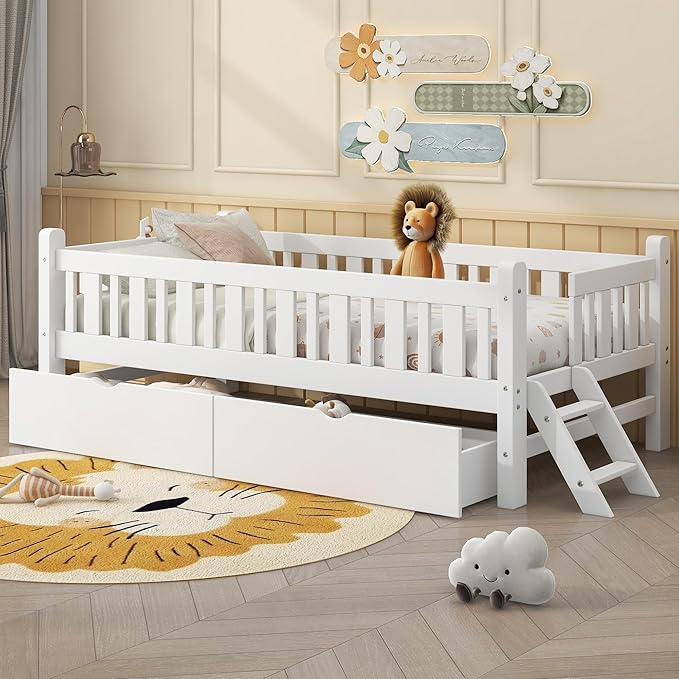 Twin Size Platform Bed with Guardrail and 2 Drawers, Wood Kids Platform Bed Frame with Two-Step Ladder for Boys Girls, Sturdy Slats Support (White-1.26)