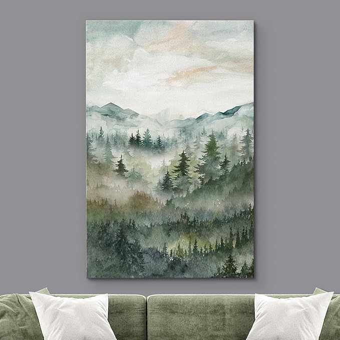 SIGNWIN Canvas Print Wall Art Misty Forest Landscape Watercolor Serene Mountain Pine Trees in Fog Illustrations Modern Art Decorative Landscape for Living Room, Bedroom, Office - 16"x24"